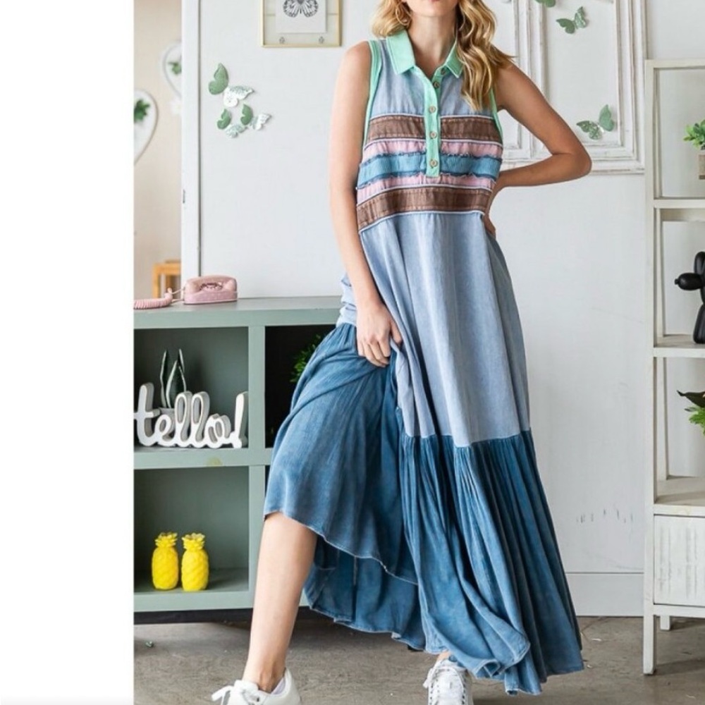 Nwt Oli & Hali Blue Pleated Tiered Sundress - Picture 2 of 3